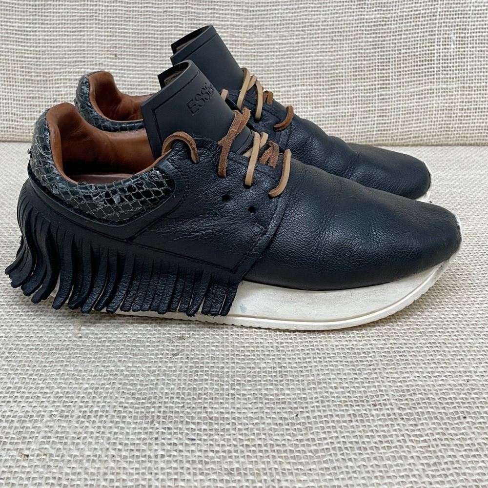Esseutesse Black Leather Fringe Sneakers Made in Italy Snakeskin Trim Size 35